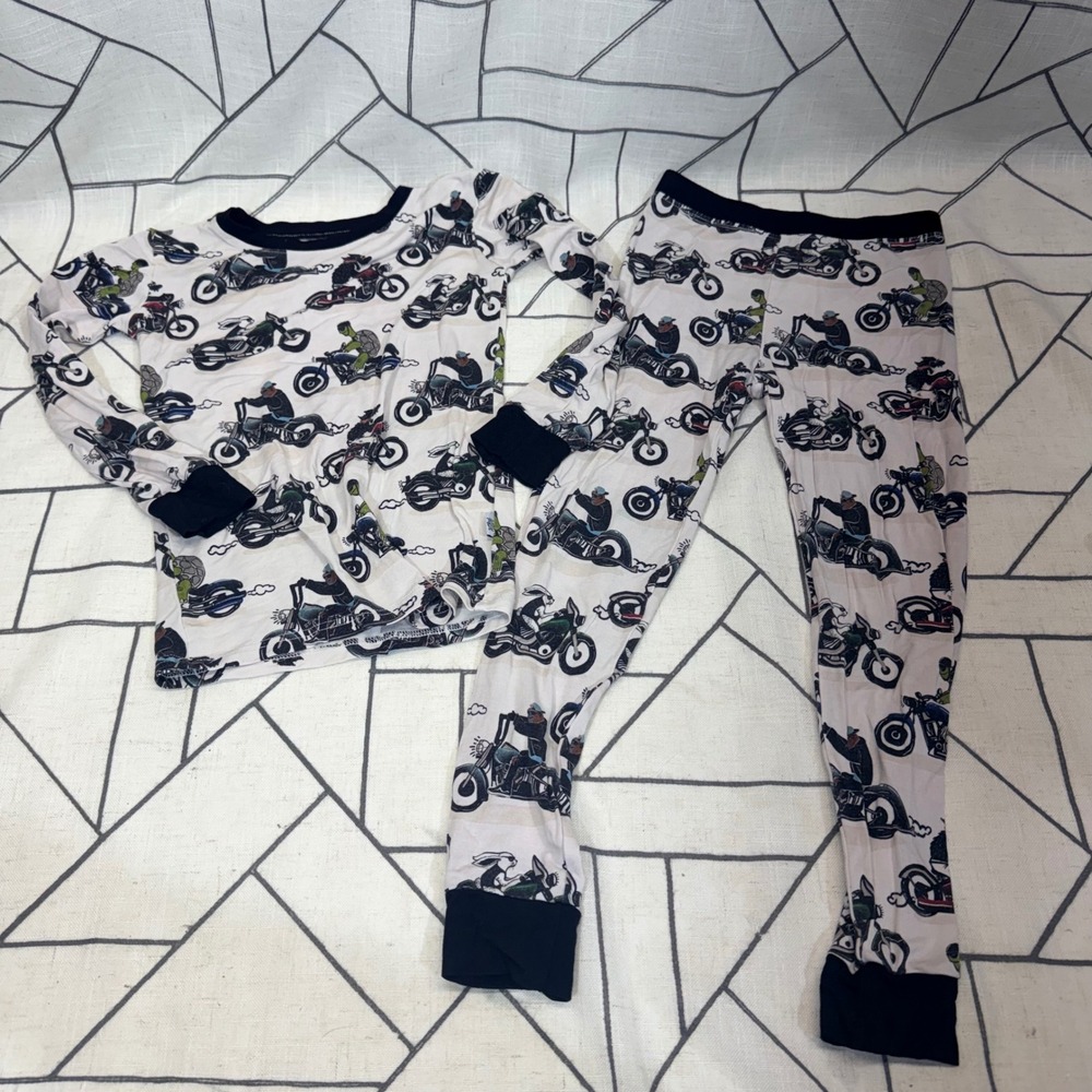 Fletch Pajama Set 4T White Animal Motorcycle Bamboo Viscose Long Sleeve Snug Fit